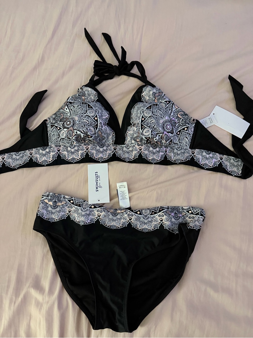 Swimsuits for All Black Bikini Set with White & Pink Metallic Mandala Trim